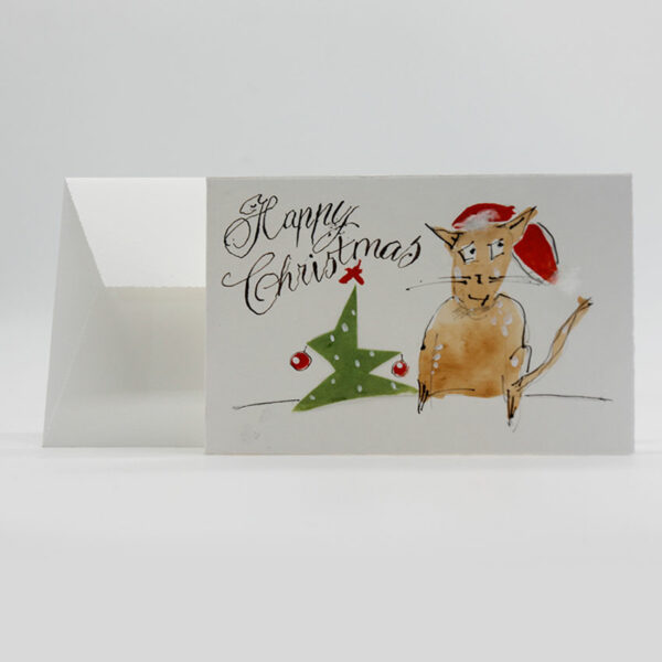 Handgeschriebene und gemalte Weihnachtskarte: Weihnachtsbaum mit Katze