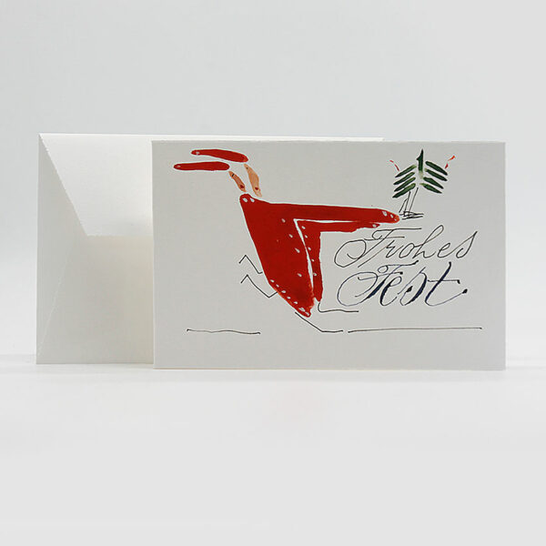 Originelle handgeschriebene und gemalte Weihnachtskarte. Motiv: Rennende Weihnachtsmänner