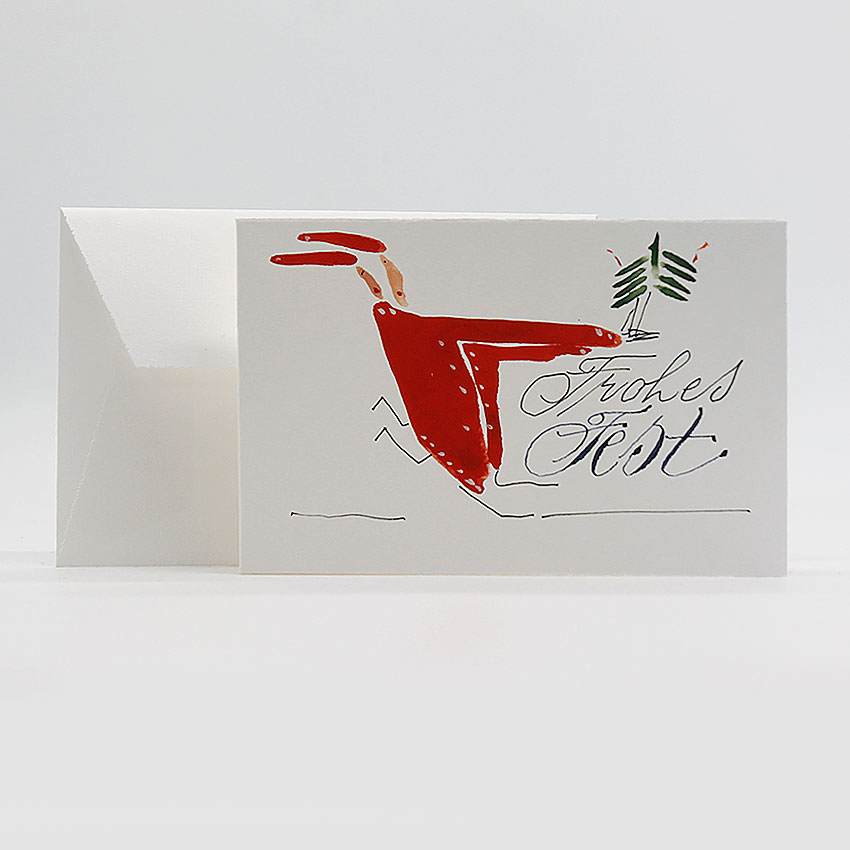 Originelle handgeschriebene und gemalte Weihnachtskarte. Motiv: Rennende Weihnachtsmänner