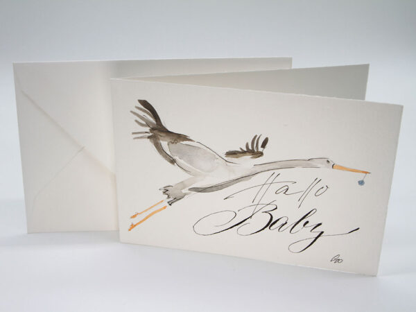 Handgeschriebene und handgemalte exklusive Glückwunschkarte zur Geburt eines Kindes