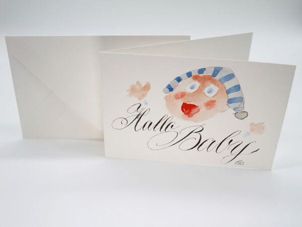 Handgeschriebene und handgemalte exklusive Glückwunschkarte zur Geburt eines Kindes