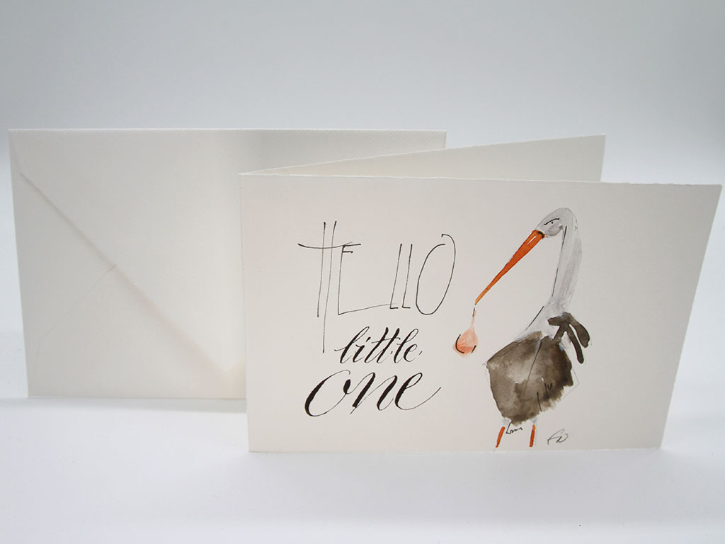 Handgeschriebene und handgemalte exklusive Glückwunschkarte zur Geburt eines Kindes