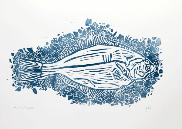 Linoldruck: Flunder auf Steinstrand