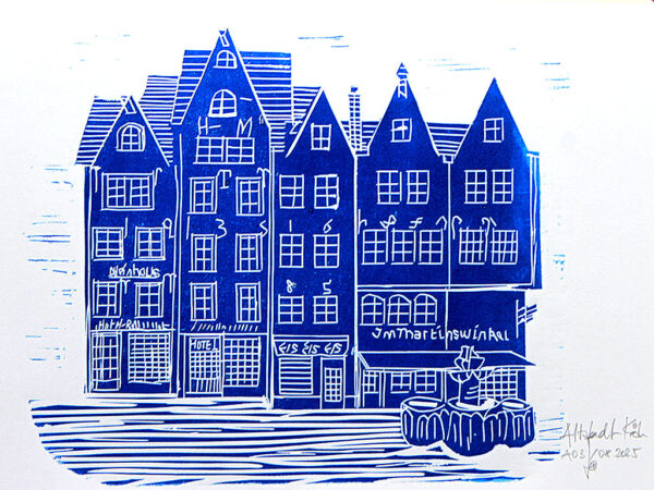 Die Altstadthäuser am Kölner Fischmarkt – Linoldruck