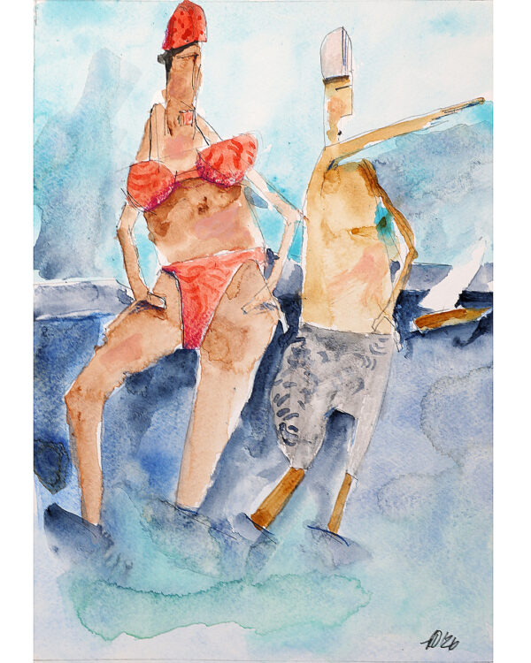 Das signierte und datierte Originalwerk zeigt ein Aquarell gemalt von Andi Goral im Jahr 2026 mit dem Motiv „Zwei Badende“ am Bodensee