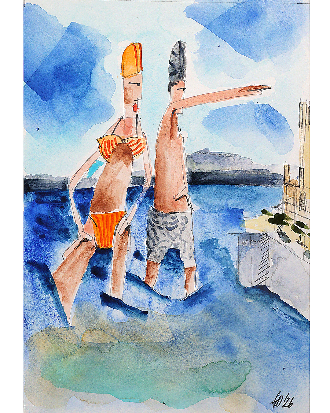 Das signierte und datierte Originalwerk zeigt ein Aquarell gemalt von Andi Goral im Jahr 2026 mit dem Motiv „Zwei Badende mit Badekappe“ am Bodensee bei Langenargen vor Schloss Montfort.