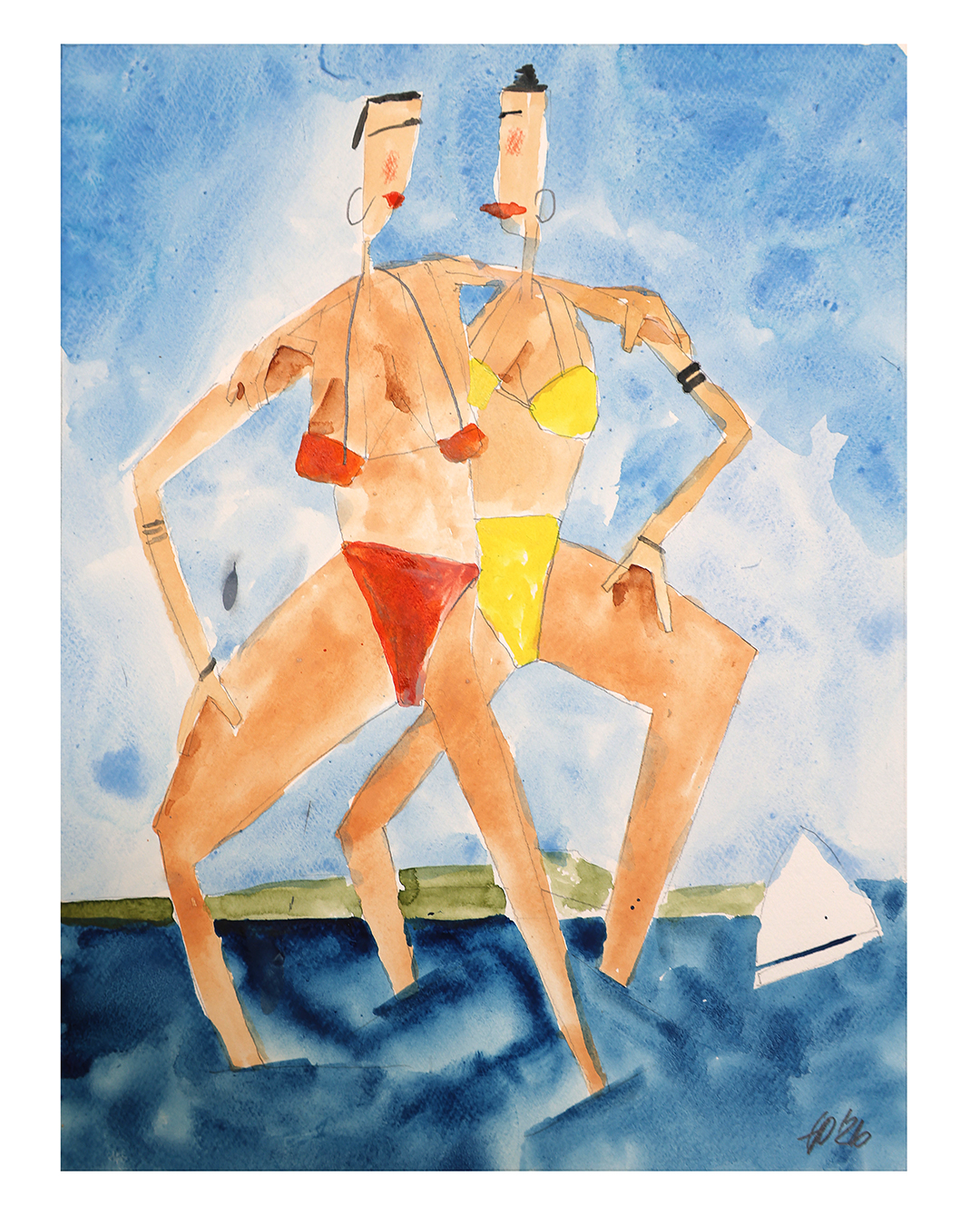 Aquarellmalerei: Zwei Badende Frauen am Bodensee mit Segelboot