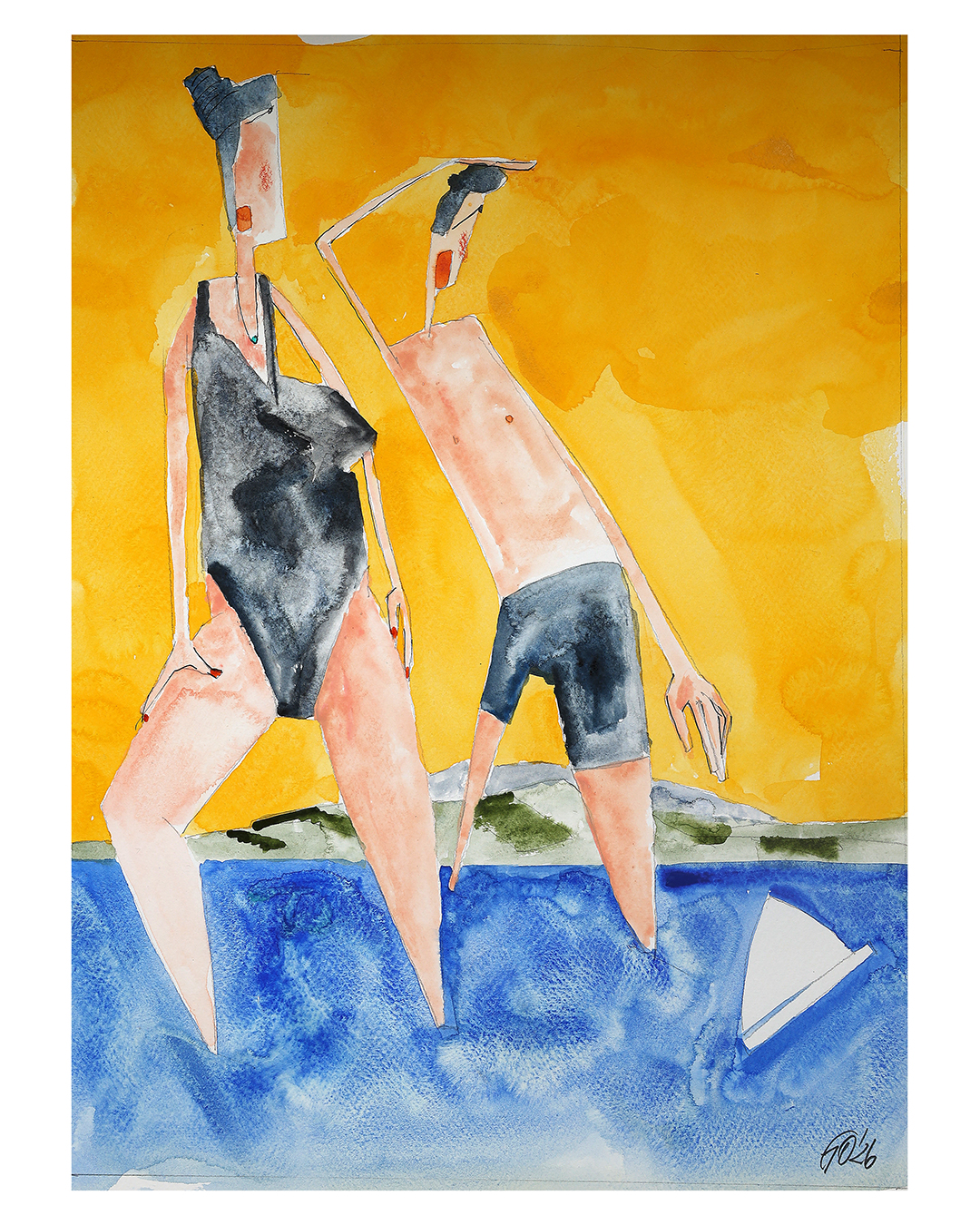 Das signierte und datierte Originalwerk zeigt ein Aquarell gemalt von Andi Goral im Jahr 2026 mit dem Motiv „Zwei Badende am Bodensee mit Segelboot und gelbem Himmel“ am Bodensee bei Langenargen.