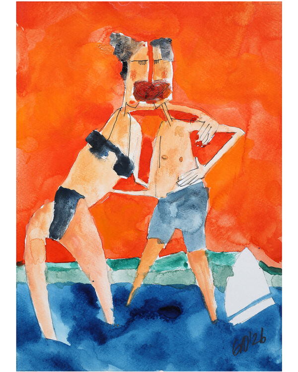 Das signierte und datierte Originalwerk zeigt ein Aquarell gemalt von Andi Goral im Jahr 2026 mit dem Motiv „Zwei sich küssende Badende am Bodensee mit Segelboot“ am Bodensee bei Langenargen.
