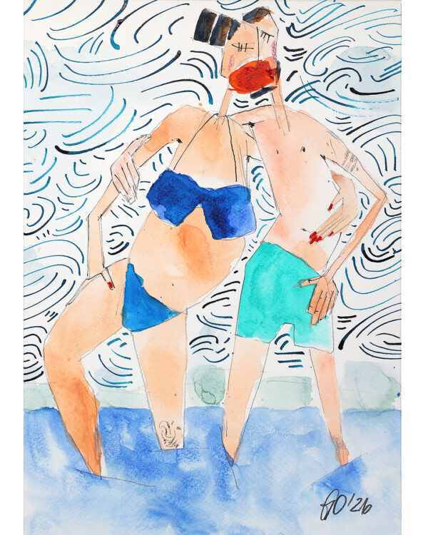 Das signierte und datierte Originalwerk zeigt ein Aquarell gemalt von Andi Goral im Jahr 2026 mit dem Motiv „Zwei sich küssende Badende am Bodensee vor Himmelsbrise“ am Bodensee bei Langenargen.