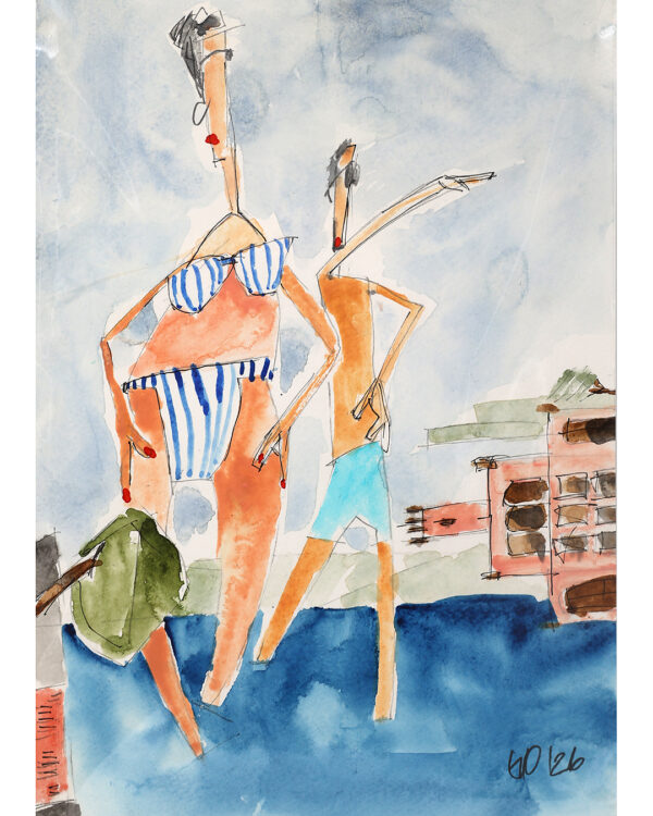 Das signierte und datierte Originalwerk zeigt ein Aquarell gemalt von Andi Goral im Jahr 2026 mit dem Motiv „Badendes Paar mit Schloss Montfort“ am Bodensee bei Langenargen.