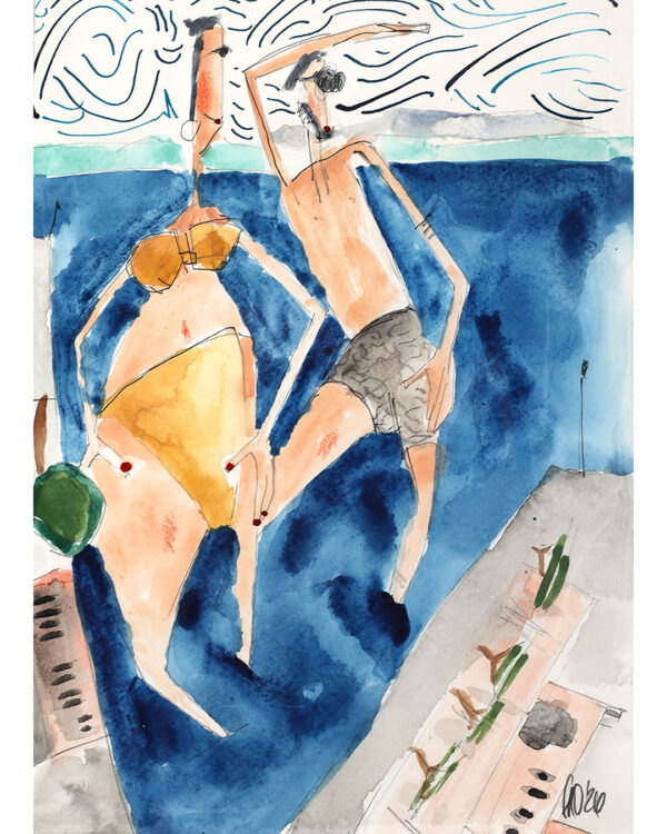 Das signierte und datierte Originalwerk zeigt ein Aquarell gemalt von Andi Goral im Jahr 2026 mit dem Motiv „Badendes Paar mit Schloss Montfort und Hafen Langenargen“ am Bodensee bei Langenargen.