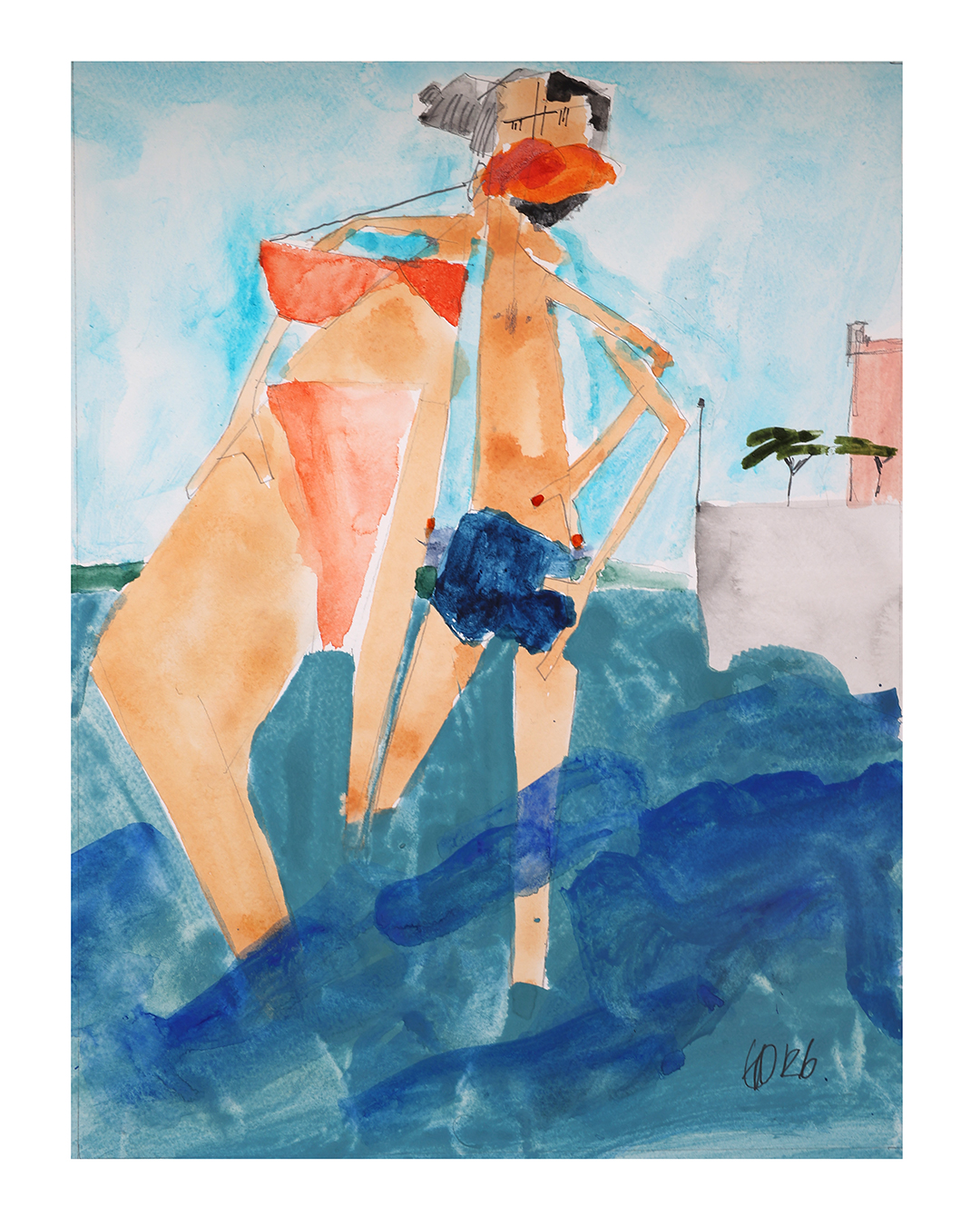 Das signierte und datierte Originalwerk zeigt ein Aquarell gemalt von Andi Goral im Jahr 2026 mit dem Motiv „Küssende Badende Langenargen vor Schloss Montfort“ am Bodensee bei Langenargen.