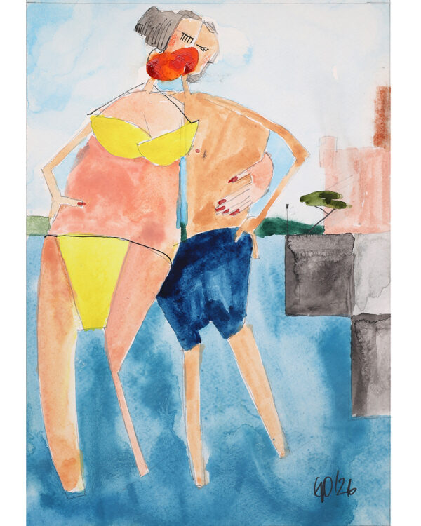 Das signierte und datierte Originalwerk zeigt ein Aquarell gemalt von Andi Goral im Jahr 2026 mit dem Motiv Küssende Badende Langenargen vor Schloss Montfort im gelben Bikini am Bodensee bei Langenargen.
