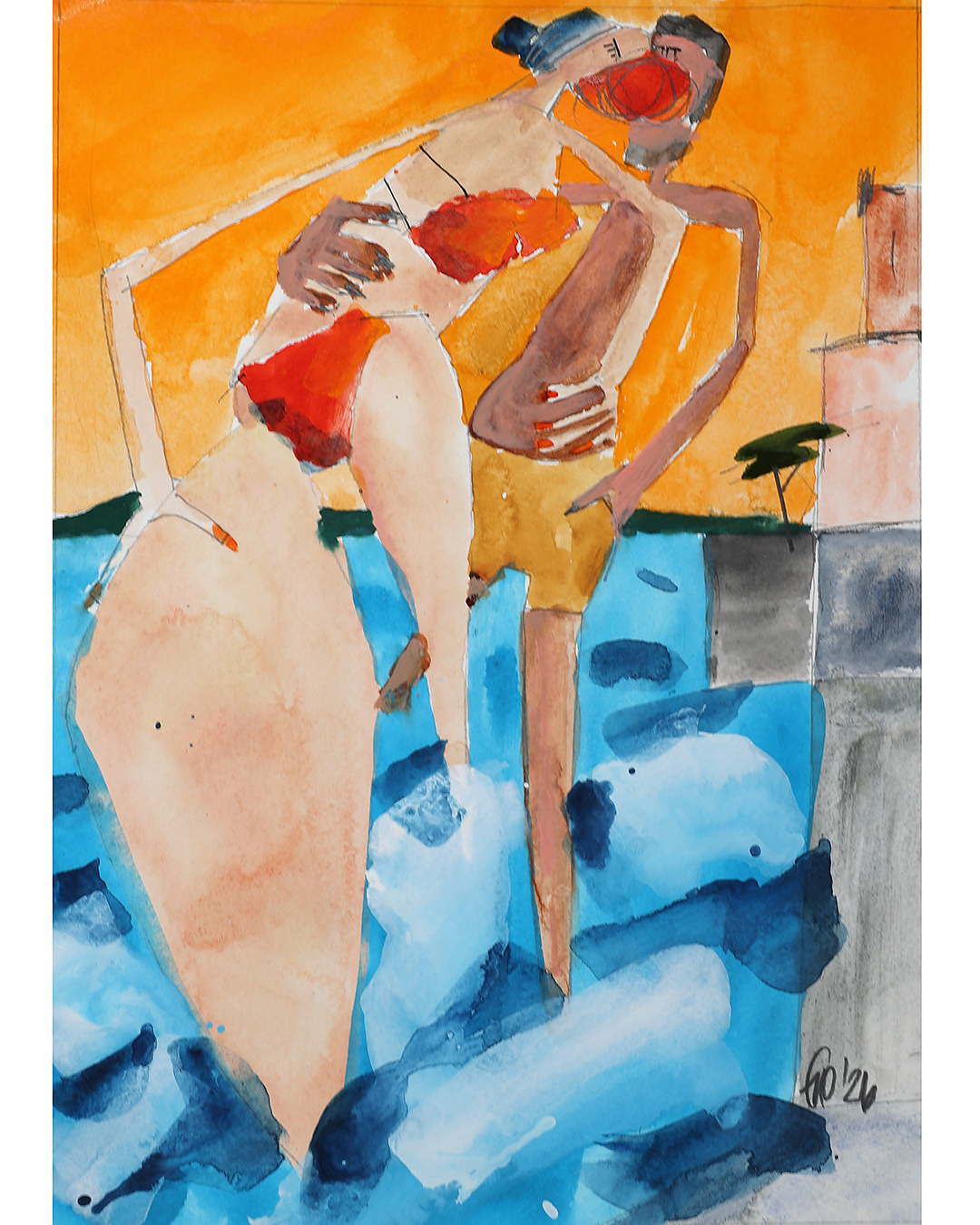 Das signierte und datierte Originalwerk zeigt ein Aquarell gemalt von Andi Goral im Jahr 2026 mit dem Motiv „Küssende Badende Langenargen vor Schloss Montfort bei Sonnenuntergang und Wellengang“ bei Langenargen.
