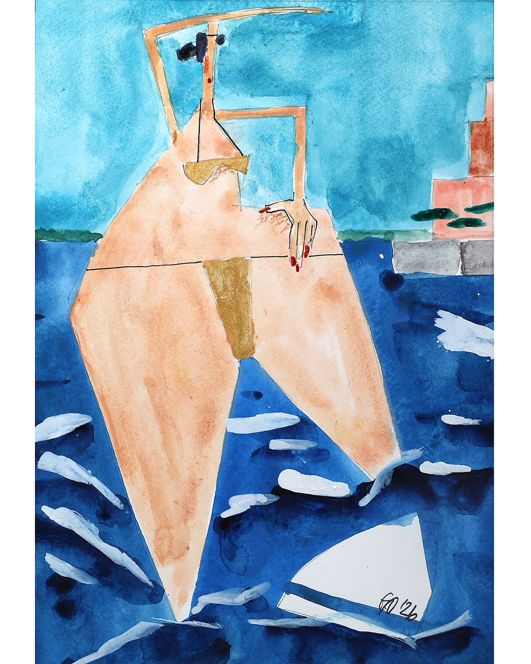 Das signierte und datierte Originalwerk zeigt ein Aquarell gemalt von Andi Goral im Jahr 2026 mit dem Motiv „Badende mit goldenem Bikini in Langenargen vor Schloss Montfort mit Segelboot“ am Bodensee.