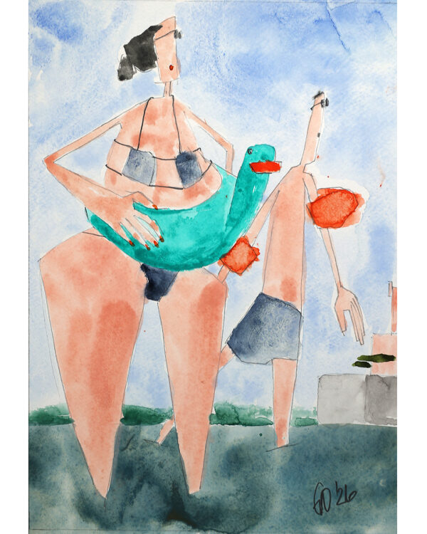 Das signierte und datierte Originalwerk zeigt ein Aquarell gemalt von Andi Goral im Jahr 2026 mit dem Motiv „Badende mit Schwimmreif, Badeflügeln in Langenargen“ am Bodensee.