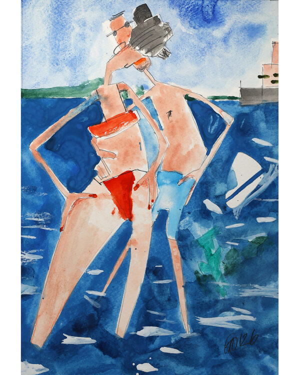 Das signierte und datierte Originalwerk zeigt ein Aquarell gemalt von Andi Goral im Jahr 2026 mit dem Motiv „Sich küssende Badende“ am Bodensee.